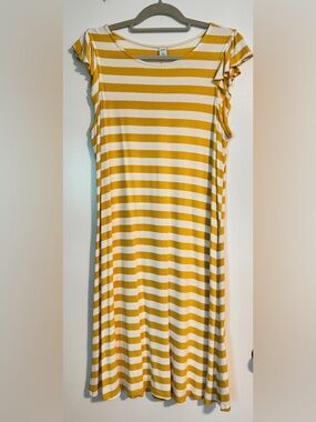 Women’s yellow and white flutter sleeve striped dress.